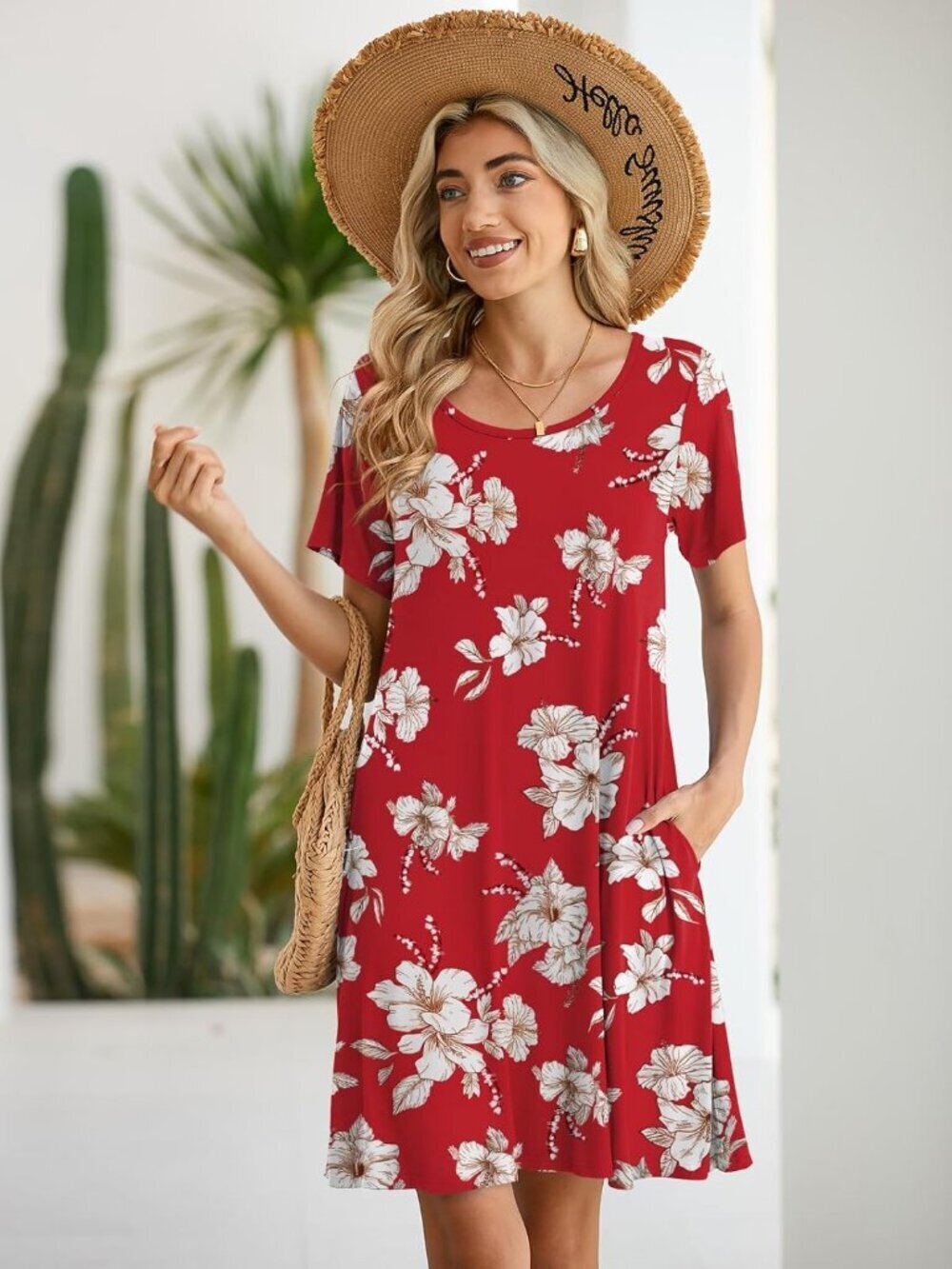 Women's Floral Red Casual Loose Swing Tunic Short Sleeve Sun Mini Shirt Dress - Picture 3 of 6